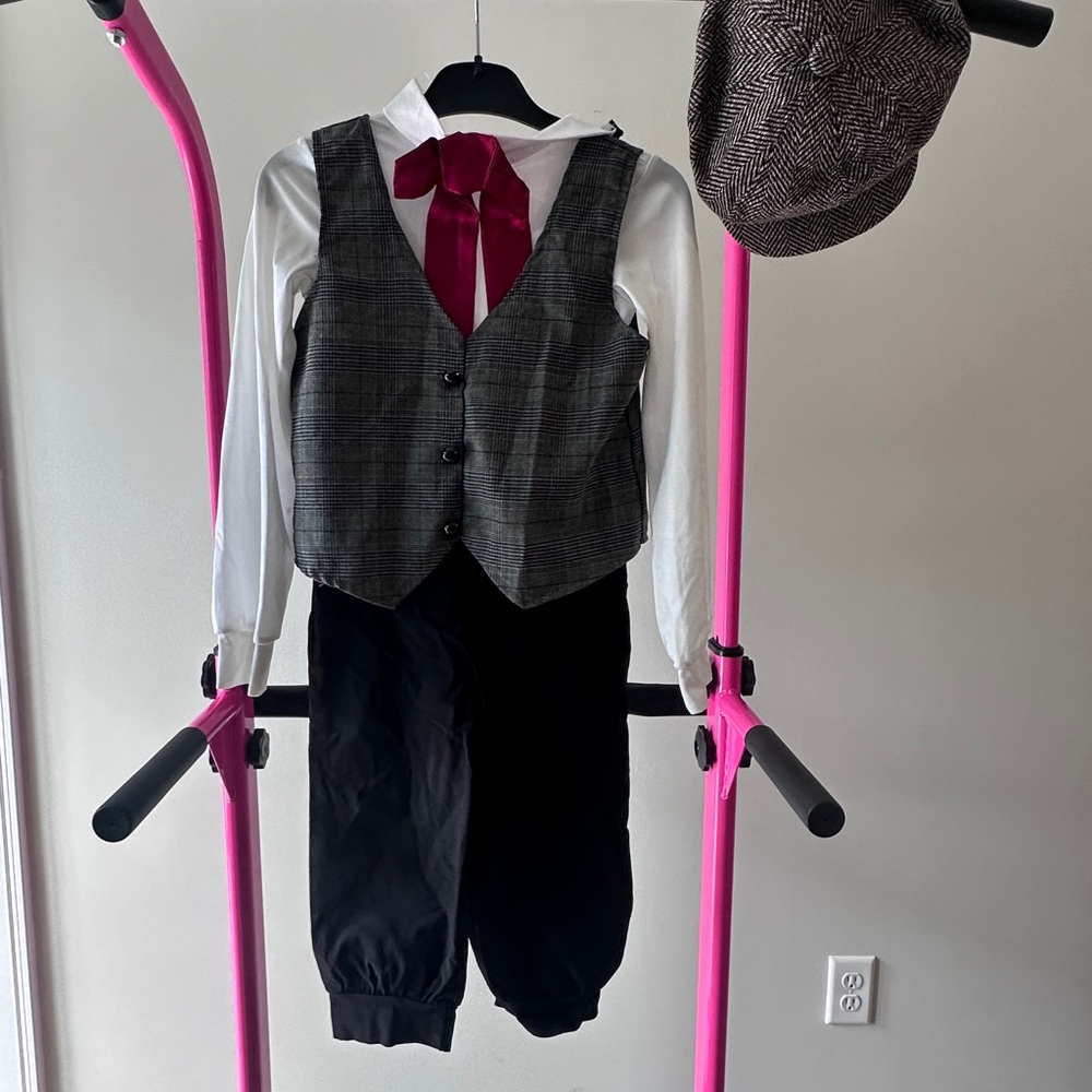 Gray Plaid Vest with Black Pants and Red Tie Outfit